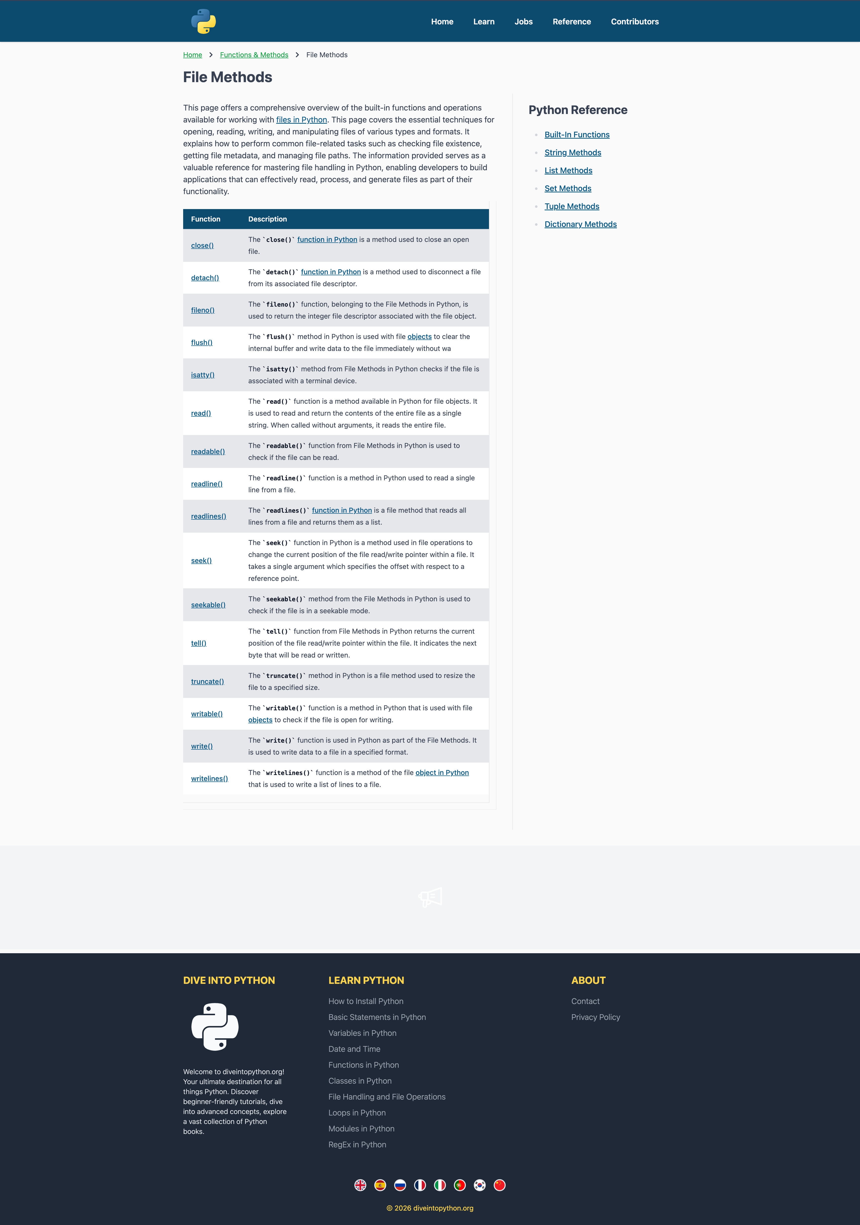 Dive Into Python — Function detail page: full docs layout for a single Python function