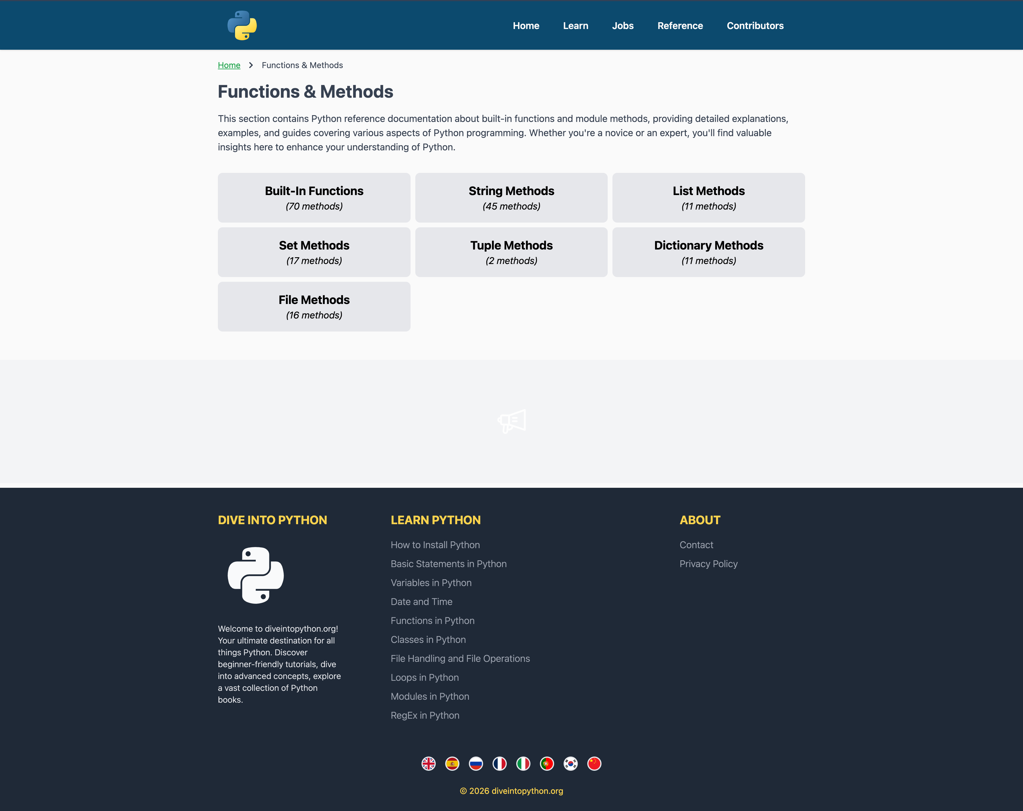 Dive Into Python — Functions list page: structured docs index for Python built-in functions