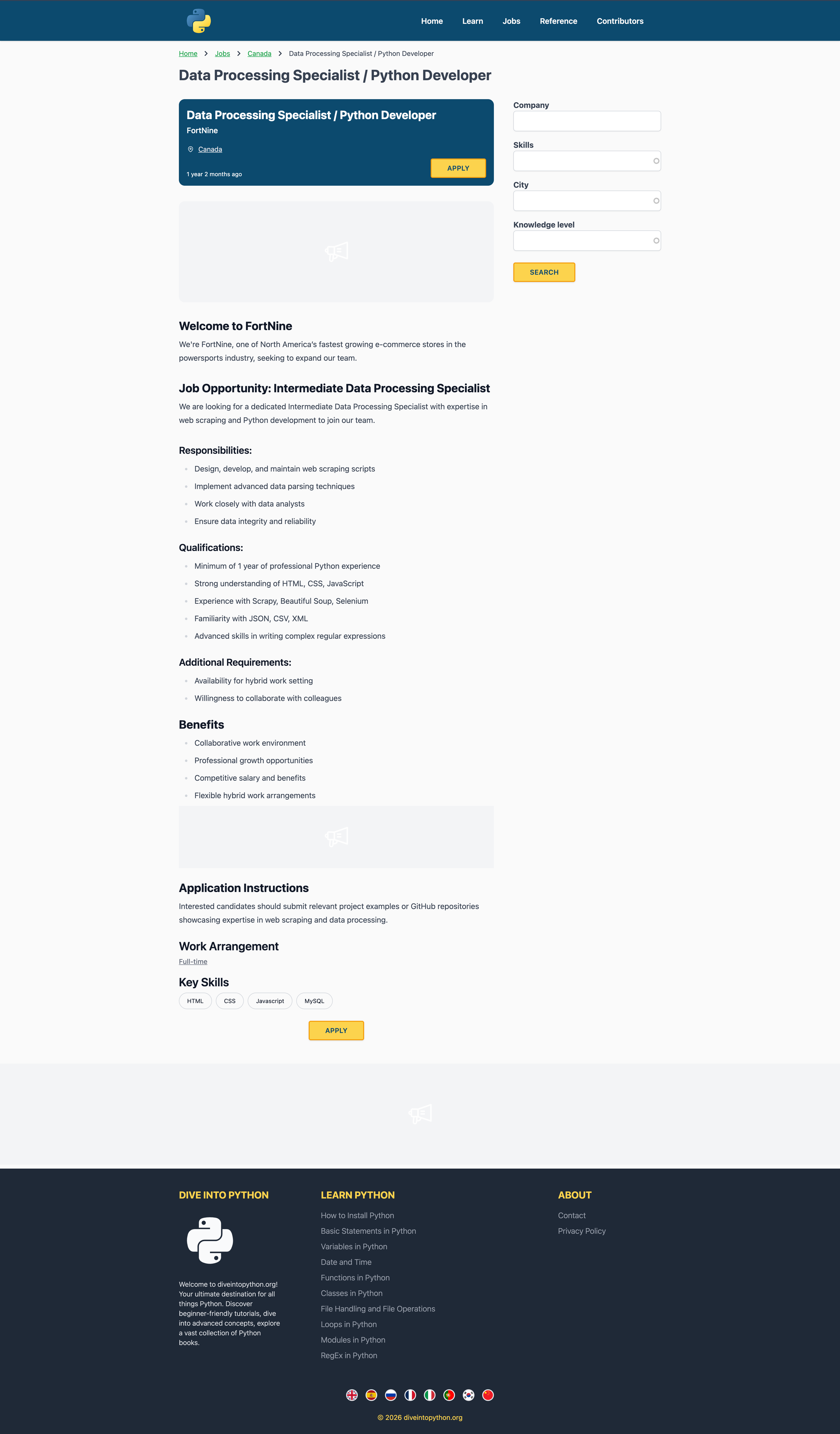 Dive Into Python — Jobs section: aggregated Python opportunities, listing layout