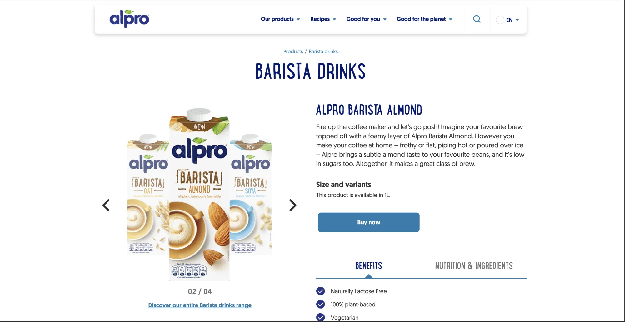 Alpro — a product section on the Contentful-headless site, 2020 archive view