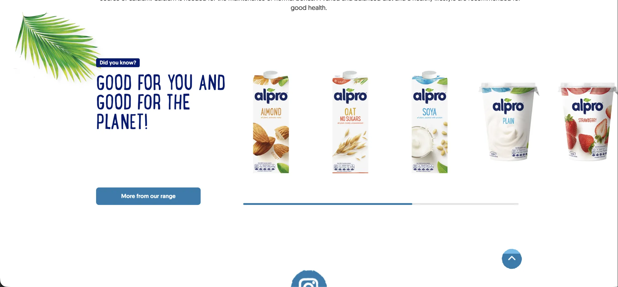 Alpro — scroll-up button in the bottom-right, background filling proportionally with page-scroll progress