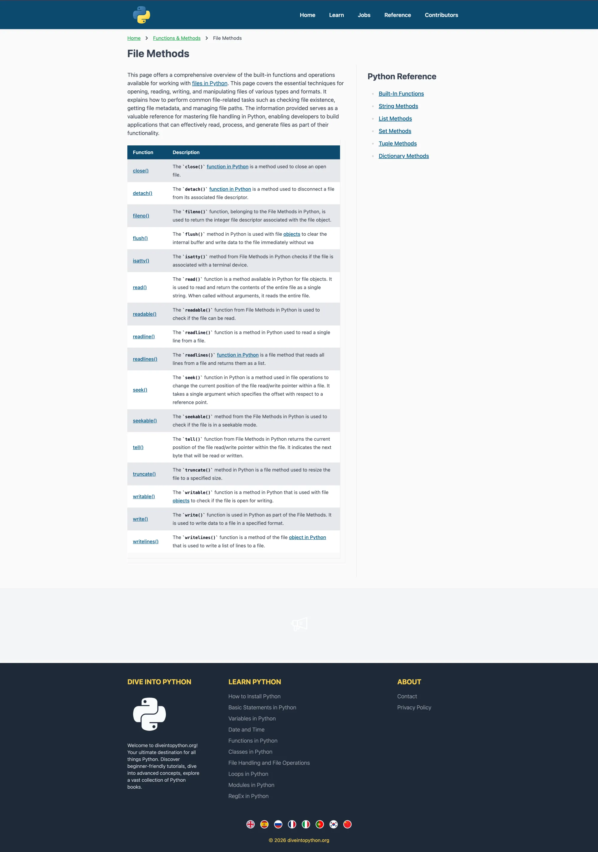 Dive Into Python — Function detail page: full docs layout for a single Python function