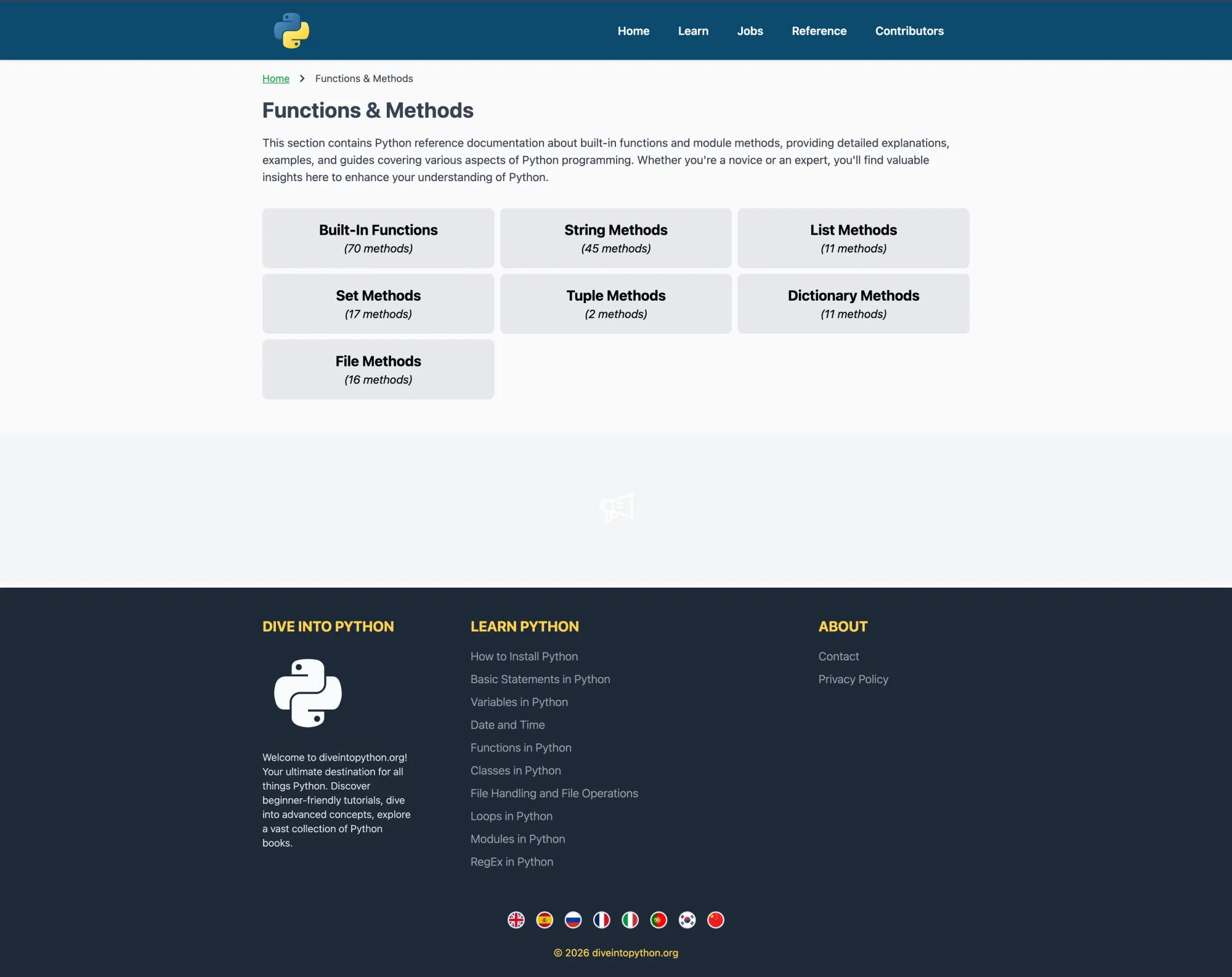 Dive Into Python — Functions list page: structured docs index for Python built-in functions