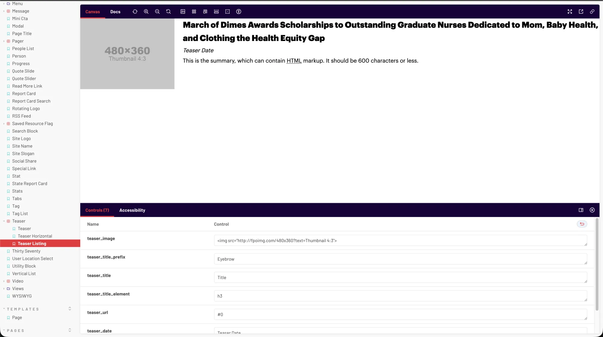 March of Dimes — Gesso Storybook view: the atomic-design component library (00-config / 01-global / 02-layouts / 03-components / 04-templates / 05-pages) the theme is built from