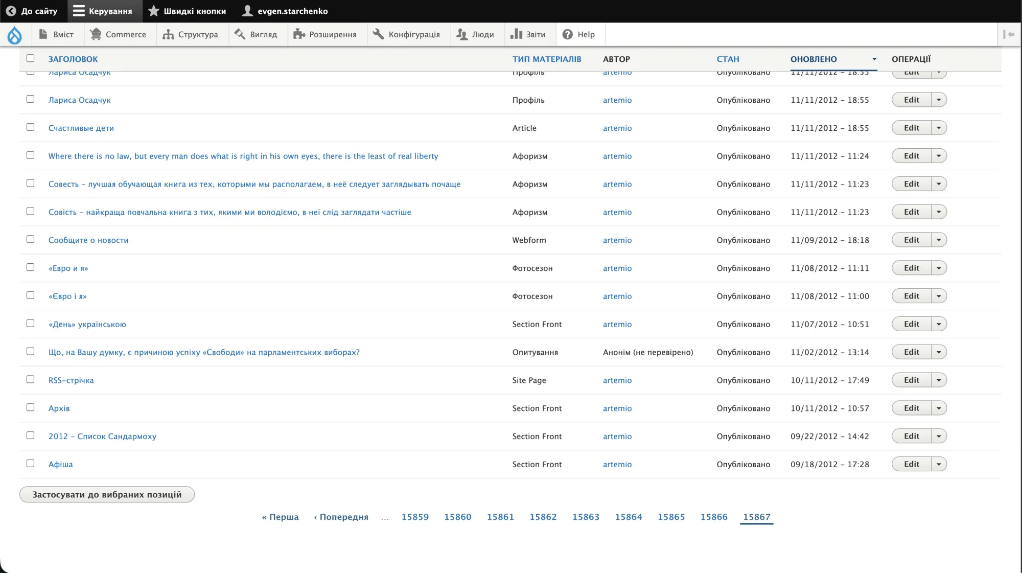The Day — Drupal admin content list, ~16,000 pages