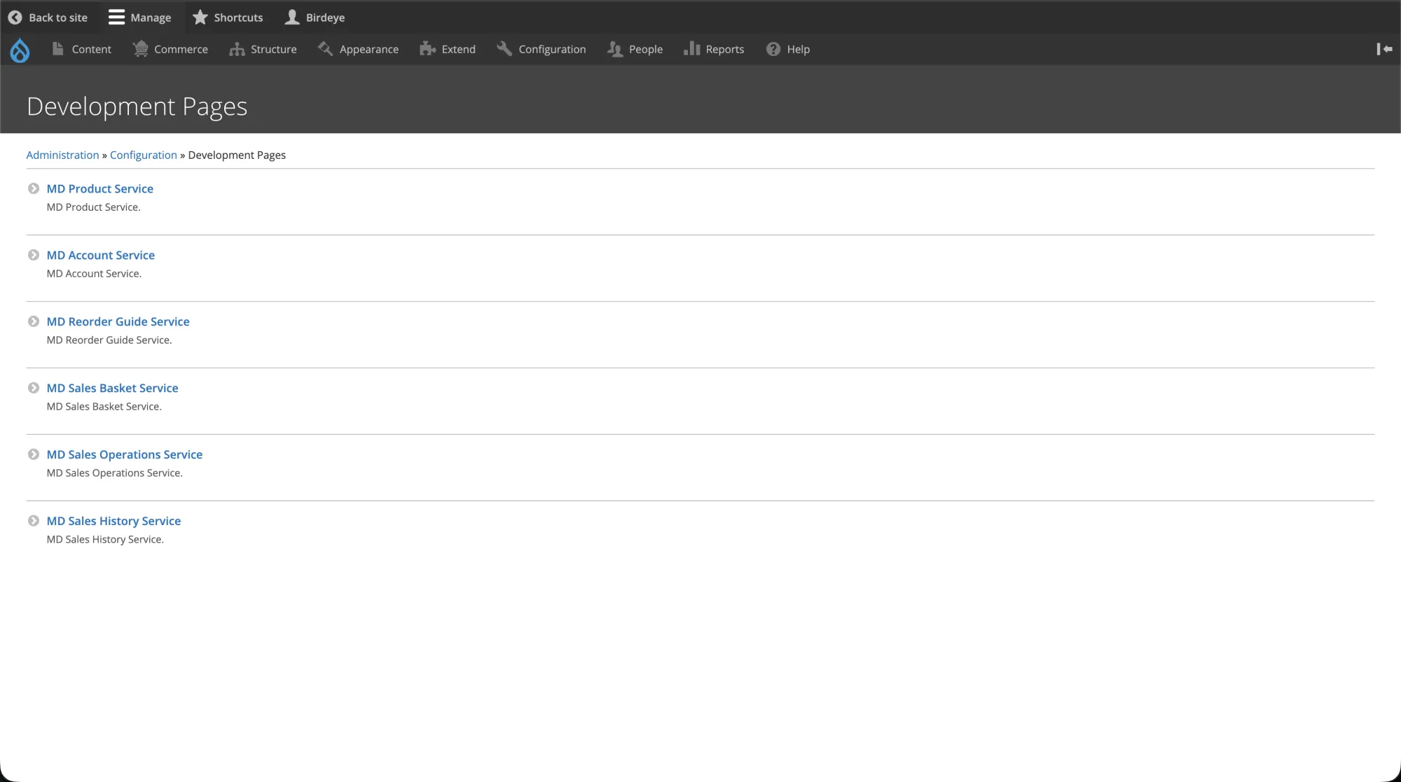 Walnut Creek Foods — Drupal admin Development Pages listing the six MD (Microsoft Dynamics) services